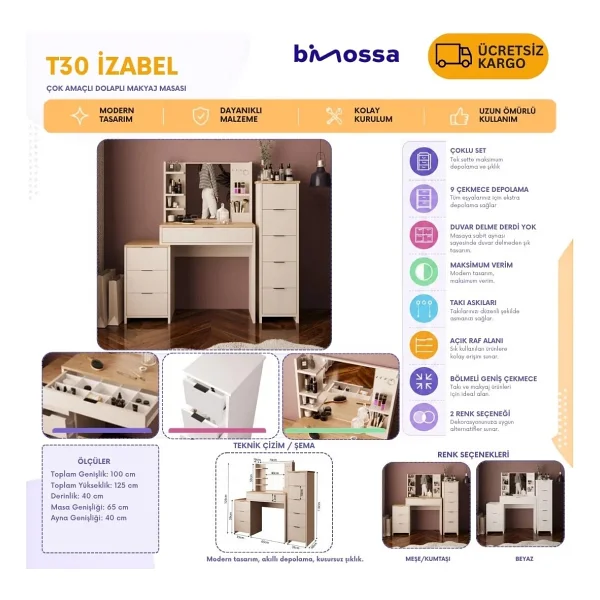 Bimossa T3060 İzabel Çekmeceli Dolaplı Makyaj Masası Sepet-Kumtaşı Aynalı, 3 Çekmeceli Yan Dolaplı, Raflı Ceviz - Görsel 3