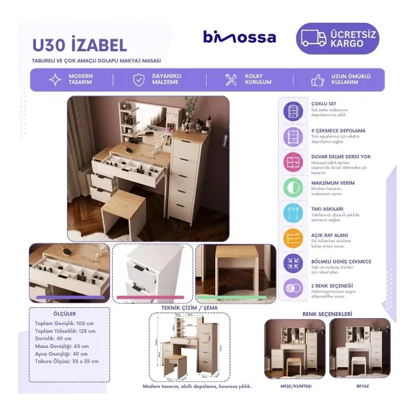Bimossa U3050 İzabel Çekmeceli Dolaplı Tabureli Makyaj Masası Beyaz 3 Çekmeceli Aynalı Yan Dolaplı Raflı - Görsel 3