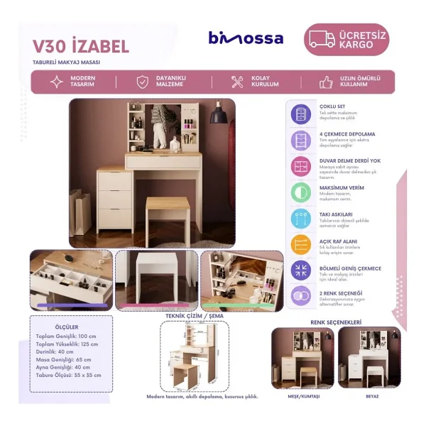 Bimossa V3050 İzabel Tabureli Makyaj Masası Beyaz 3 Çekmeceli Aynalı Yan Dolaplı Raflı Fonksiyonel Tasarım - Görsel 3