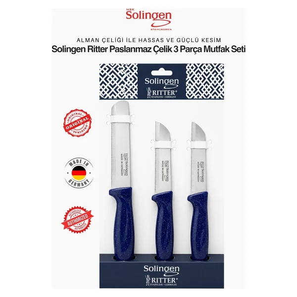 Solingen Ritter Mavi 3'lü Keskin Mutfak Bıçağı Seti - Paslanmaz Alman Çeliği