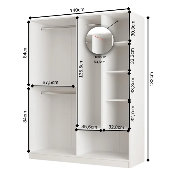 Aeka Ae-1077 Terra 4 Kapaklı 2 Çekmeceli 3 Askılıklı Raflı 140x182x53 Cm Gardırop - Antrasit - Görsel 2