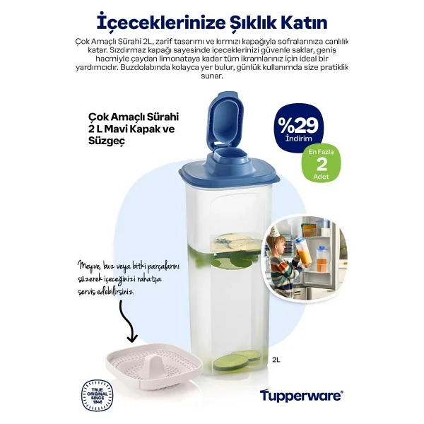 Tupperware Çok Amaçlı Sürahi 2 Litre Kırmızı - Görsel 3