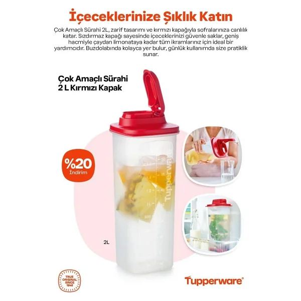 Tupperware Çok Amaçlı Sürahi 2 Litre Kırmızı - Görsel 2