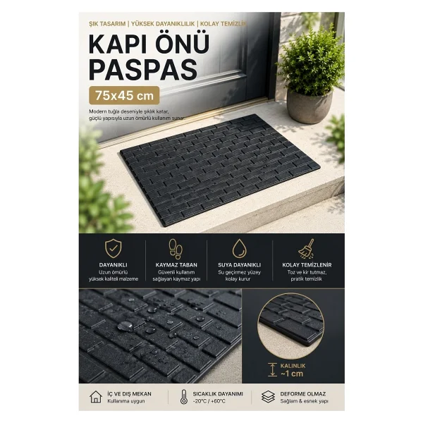 Black Gold Kapı Önü Paspas 75x45 Cm Kaymaz Tabanlı Yıkanabilir Çok Amaçlı Dış Mekan Paspası - Görsel 5