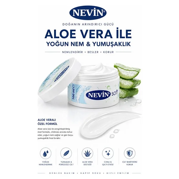 Nevin Soft Nemlendirici Bakım Kremi, Aloe Veralı, Hızlı Emilim, Su Bazlı, 100ml, El Yüz Vücut - Görsel 3