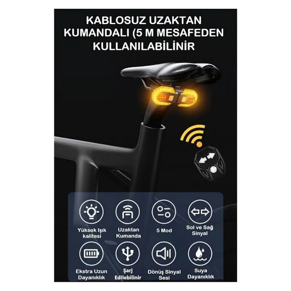 Bisiklet Dönüş Sinyali 5 Modlu Şarj Edilebilir Bisiklet Arka LED Uyarı Işığı Uzaktan Kumanda - Görsel 5