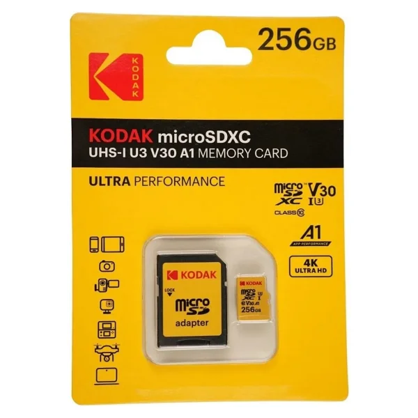 Kodak 256GB UHS-I U3/V30/A1 Yellow Micro SD + Adaptör - Görsel 4