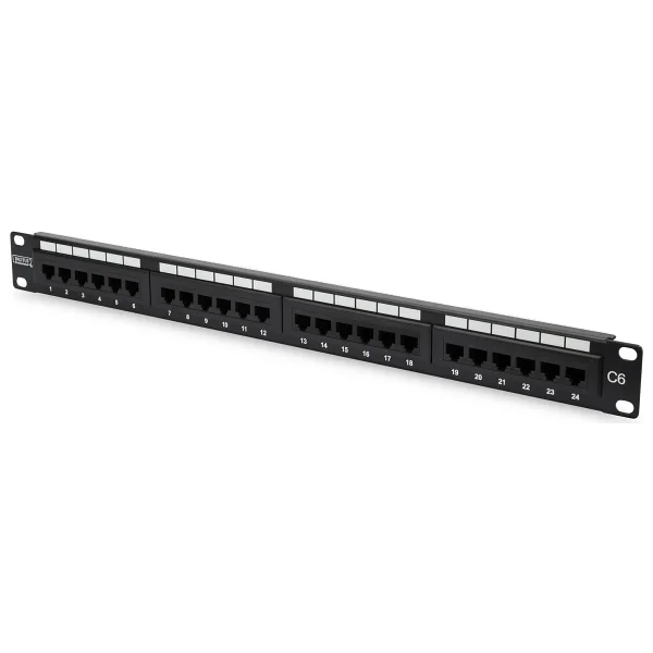 Digitus CAT 6, E Sınıfı Patch Panel, zırhsız (unshielded), siyah renkbrDigitus CAT 6, Class E Patch Panel, unshielded, black