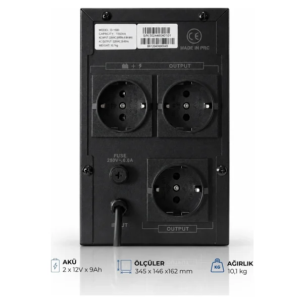 Vonısca Kesintisiz Güç Kaynakları D-1500 1500va Lcd Kesintisiz Güç Kaynağı Line Interactive 2x12v 9ah Ups Bilgisayar Kamera Ofis - Görsel 5