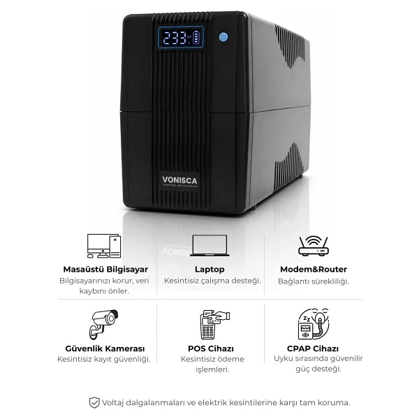 Vonısca Kesintisiz Güç Kaynakları D-650 650va Lcd Kesintisiz Güç Kaynağı Line Interactive 1x12v 7ah Ups Bilgisayar Modem Kamera PC - Görsel 3