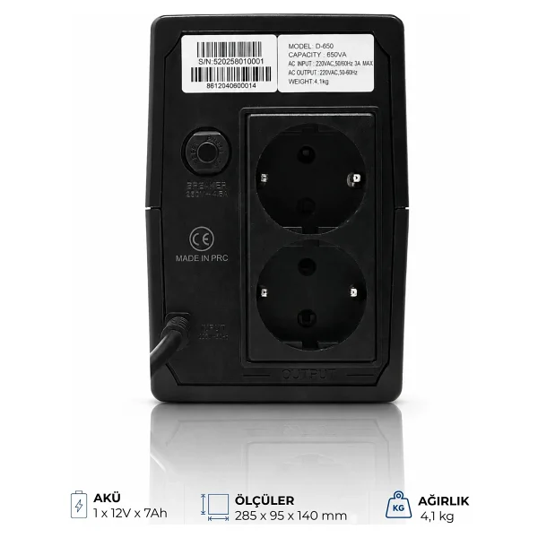 Vonısca Kesintisiz Güç Kaynakları D-650 650va Lcd Kesintisiz Güç Kaynağı Line Interactive 1x12v 7ah Ups Bilgisayar Modem Kamera PC - Görsel 5
