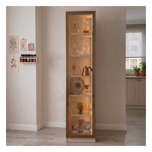 Eymense Hera Kahve Köşesi %100 Mdf Tekli Camlı Çok Amaçlı Sensör Ledli Mutfak Dolabı Raflı Bej - Görsel 7
