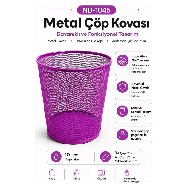 Need Tam Delikli Metal Fileli Mor Çöp Kovası - Nd-1046 - Görsel 5