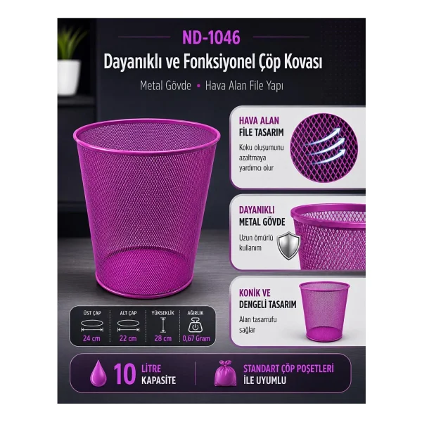 Need Tam Delikli Metal Fileli Mor Çöp Kovası - Nd-1046 - Görsel 2