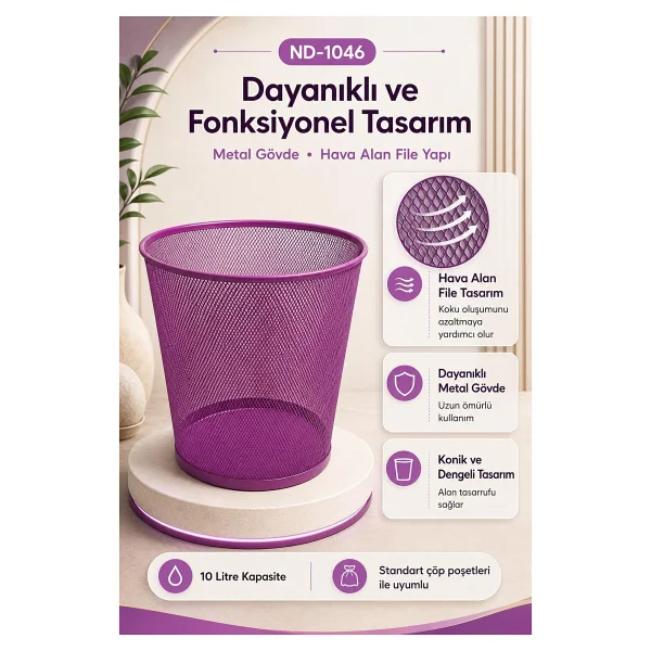 Need Tam Delikli Metal Fileli Mor Çöp Kovası - Nd-1046 - Görsel 3