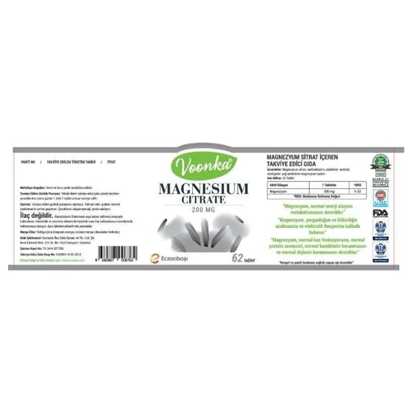 Voonka Magnesium Citrate 200 mg 60 Tablet - Görsel 7