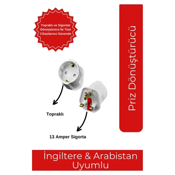 İngiliz Erkek Türk Dişi Unıversal Priz Dönüştürücü - Arabistan Türkiye Priz Çevirici - Görsel 6