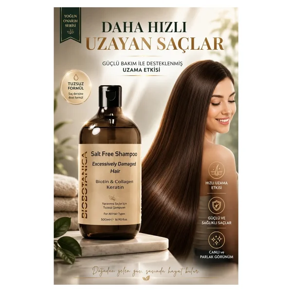 Biobotanica Yıpranmış Tuzsuz Saç Şampuanı - Keratin Biotin Kolajen - Görsel 5