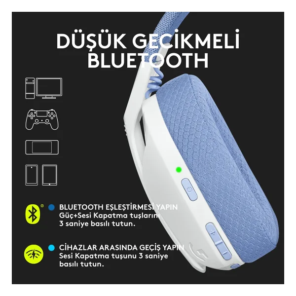Logitech G435 Lightspeed Beyaz Kablosuz Kulak Üstü Oyuncu Kulaklığı - Görsel 3
