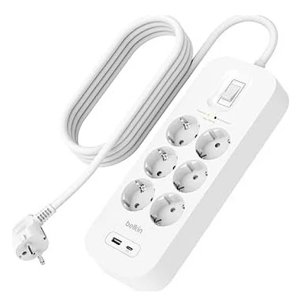 Belkin 6'lı çoklu priz, yüksek gerilim korumalı, duvara montaj, 6 priz, 2 m güç kablosu, yeşil ışıklı gösterge, hızlı şarj için USB-C ve USB-A bağlantısı; 650 jul koruma - Görsel 4