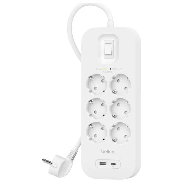 Belkin 6'lı çoklu priz, yüksek gerilim korumalı, duvara montaj, 6 priz, 2 m güç kablosu, yeşil ışıklı gösterge, hızlı şarj için USB-C ve USB-A bağlantısı; 650 jul koruma - Görsel 2