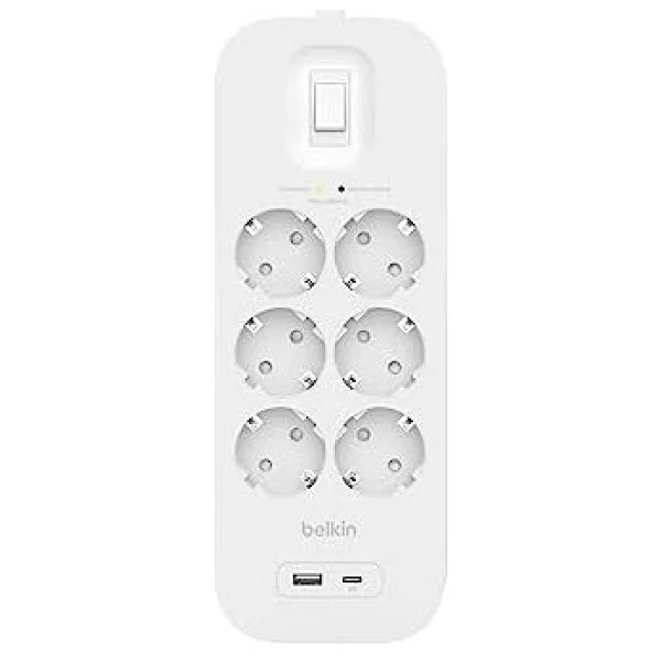 Belkin 6'lı çoklu priz, yüksek gerilim korumalı, duvara montaj, 6 priz, 2 m güç kablosu, yeşil ışıklı gösterge, hızlı şarj için USB-C ve USB-A bağlantısı; 650 jul koruma - Görsel 3