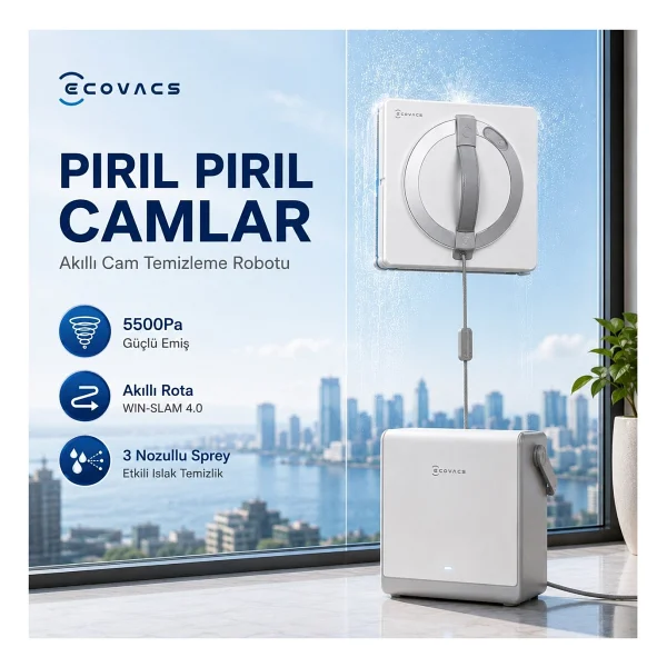 Ecovacs 6'sı 1 Arada Çok Fonksiyonlu Istasyonlu Cam Silme Robotu, 5500pa Yüksek Emiş Güçlü Pro Versiyon - Görsel 10