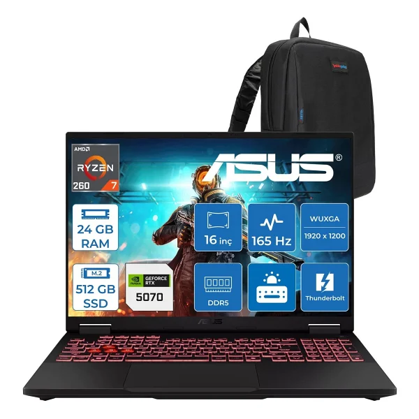 Asus Tuf Gaming A16 Fa608up AMD Ryzentm 7 260 AI 24gb DDR5 2tb SSD 8gb/Rtx5070 115w 16-Inch FHD+ 1920 X 1200, 165hz 3ms Ips-Srgb:100% Freedos Gaming Laptop Wrv199f05+Zettaçanta - 2 TB - 24 GB - Görsel 9