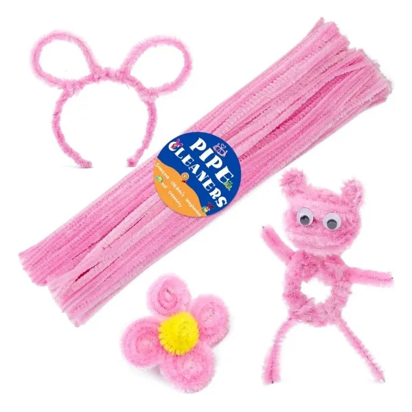 100 Adet Pembe Ve Koyu Yeşil Renkli Şönil , Çiçek Yapım Seti, Tüylü Tel, 30 Cm, Peluş Te - Görsel 6