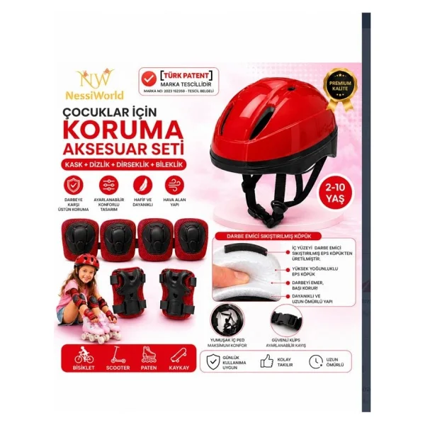 Çocuk Kaskı Ve Dizlik, Dirseklik Eldiven Set Kırmız/Kırmızısiyah - Görsel 2