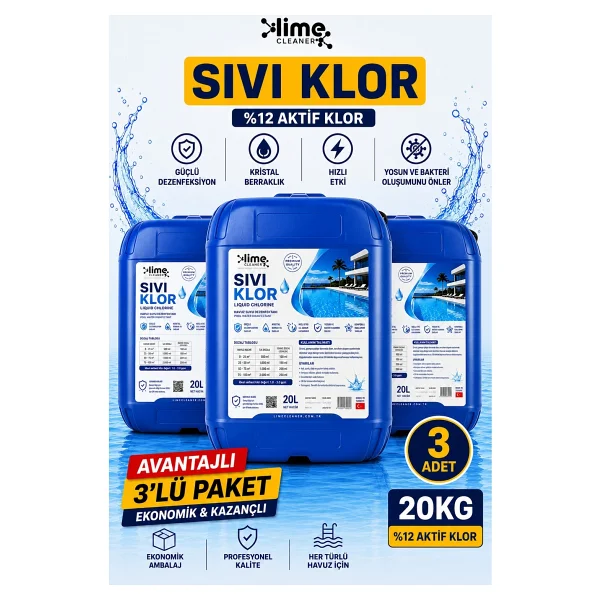 Lime Cleaner Sıvı Klor %12 Aktif Klor 20 Kg X 3 Adet (60 Kg) Profesyonel Havuz Şoklama Ve Dezenfektanı - Görsel 3