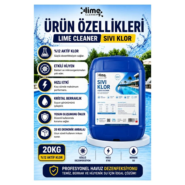 Lime Cleaner Sıvı Klor %12 Aktif Klor 20 Kg X 3 Adet (60 Kg) Profesyonel Havuz Şoklama Ve Dezenfektanı - Görsel 2