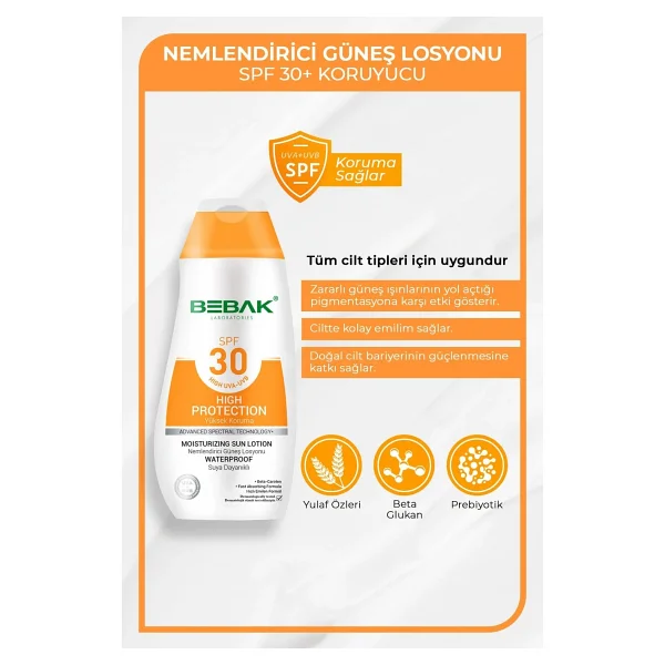 Bebak Spf 30+ Güneş Koruyucu Ve Nemlendirici Etkili, Uva/ Uvb Korumalı Güneş Losyonu 200 Ml - Görsel 3