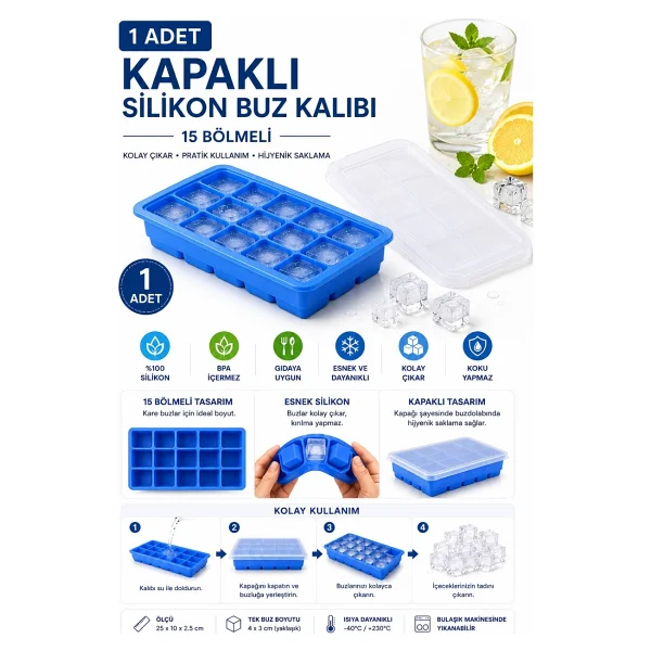 Evolis Kitchen 1 Adet 15'bölmeli Kapaklı Silikon Kokteyl Buz Kalıbı Et Suyu Saklama Kalıbı Buzluk Kalıbı Silikon Buz Kalıbı Mavi - Görsel 5