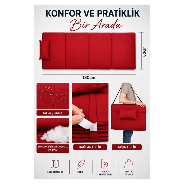 Reyo 2 Adet Taşınabilir Katlanır Plaj Havuz Minderi, Şezlong Minderi Kamp Yatağı Kırmızı/Yeşil 8905-8908 - Görsel 4