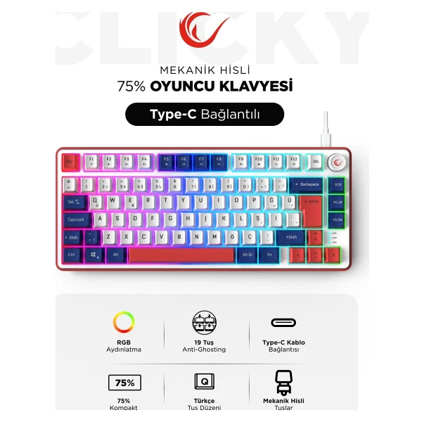 Rampage Clicky 75 RGB TKL Membrane Switch Kablolu Oyuncu Klavyesi - Görsel 9