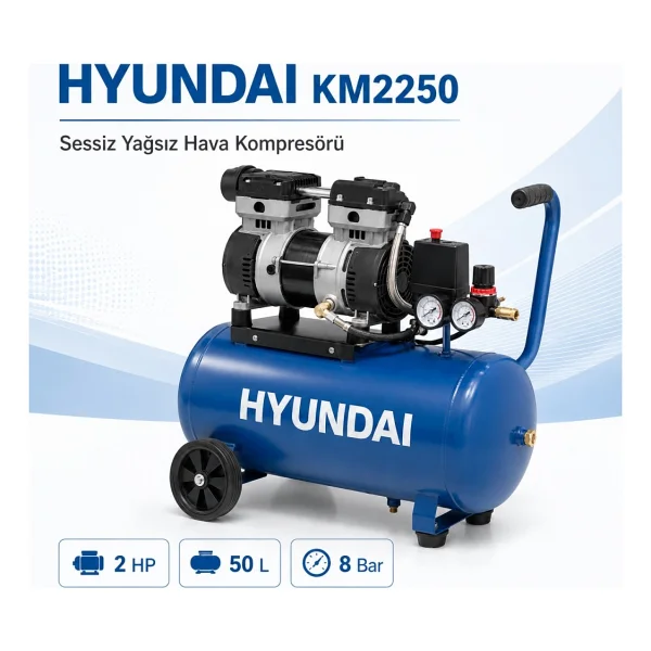 Hyundai Km2250 Sessiz Yağsız Hava Kompresörü 50 Litre 2 Hp 8 Bar - Görsel 2