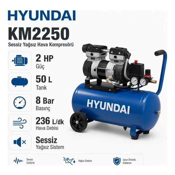 Hyundai Km2250 Sessiz Yağsız Hava Kompresörü 50 Litre 2 Hp 8 Bar - Görsel 3
