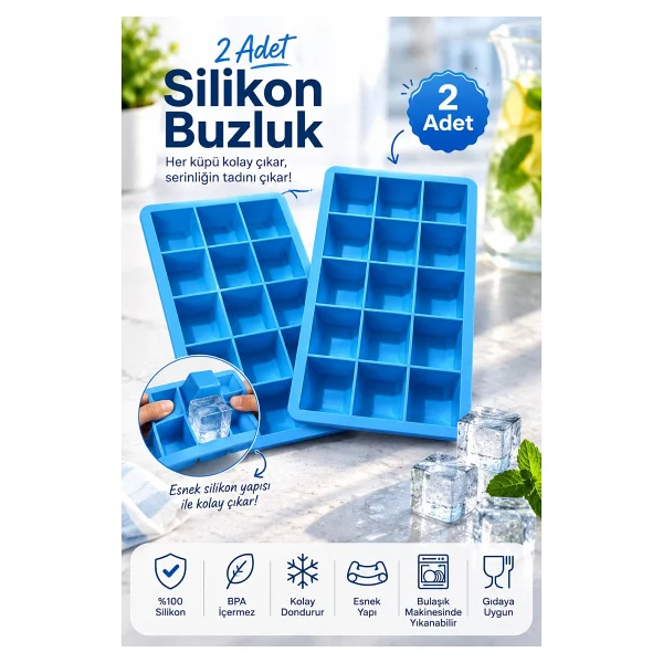 Evolis Kitchen 2 Adet 15 Bölmeli Büyük Boy Silikon Buz Kalıbı-Kare Buzluk Kokteyl Sunum Buz Kalıbı Et Suyu Saklama - Mavi - Görsel 4