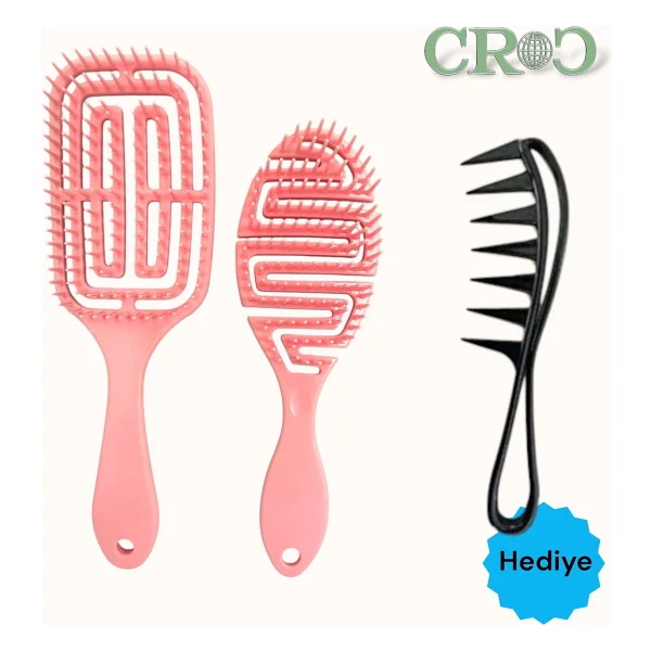 Croc Saç Fırçası Seti 2li Somon - Saç Açıcı Fırça, 3d Detangler Brush - Tarak Hediyeli - Görsel 7