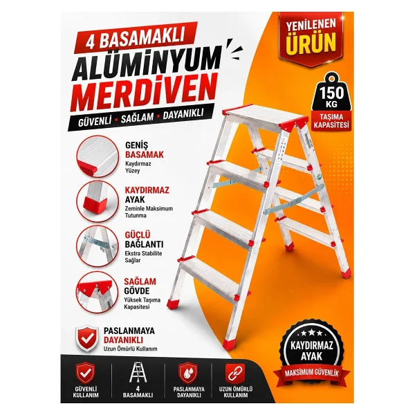 Cms Cömert Merdiven Alüminyum Çift Çıkışlı Merdiven 10 Basamak Kaymaz Ayaklı Endüstriyel Tip - 10 Basamaklı - Görsel 6