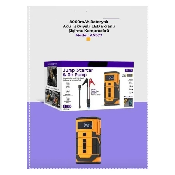 Auhma A5577 4'Ü 1 Arada Akü Takviyeli Şarjlı Hava Pompası 8.000 Mah Powerbank & Dijital Fener - Görsel 2