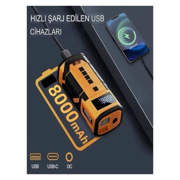 Auhma A5577 4'Ü 1 Arada Akü Takviyeli Şarjlı Hava Pompası 8.000 Mah Powerbank & Dijital Fener - Görsel 5