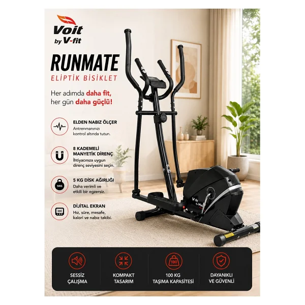 V-Fit By Voit Runmate Manyetik Eliptik Bisiklet Sessiz Çalışan, Elden Nabız Ölçerli - Selesiz - Görsel 6