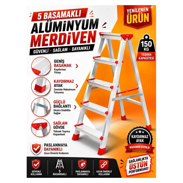 Cms Cömert Merdiven Alüminyum Çift Çıkışlı Merdiven 10 Basamak Kaymaz Ayaklı Endüstriyel Tip - 10 Basamaklı - Görsel 5