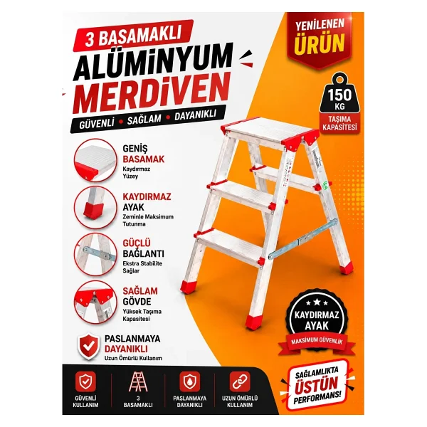 Cms Cömert Merdiven Alüminyum Çift Çıkışlı Merdiven 10 Basamak Kaymaz Ayaklı Endüstriyel Tip - 10 Basamaklı - Görsel 8