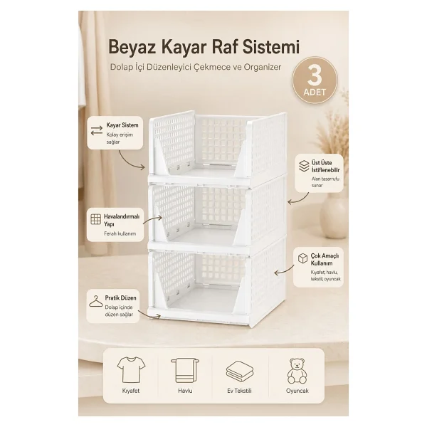 Missclean Beyaz Kayar Raf Sistemi 3 Adet Plastik Dolap İçi Düzenleyici Ve Çok Amaçlı Organizer - Görsel 5