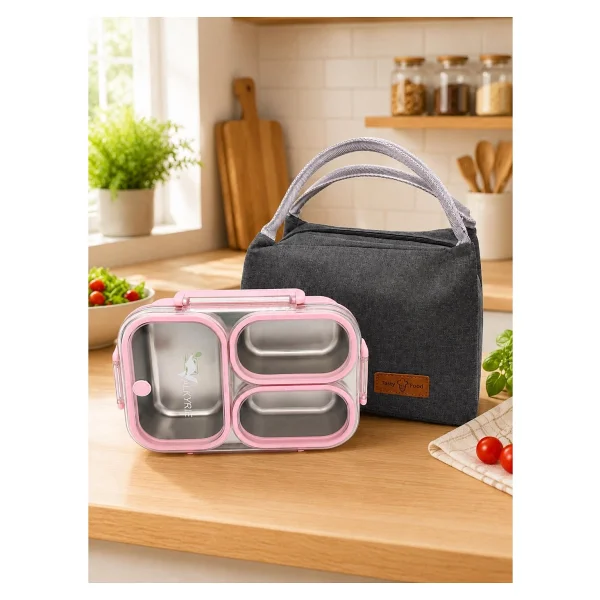 Valkyrie 304 Paslanmaz Çelik 3 Bölmeli Pembe Lunch Box Termal Çantalı - Sızdırmaz Kapaklı Beslenme Kabı, - Görsel 8
