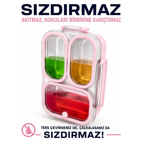 Valkyrie 304 Paslanmaz Çelik 3 Bölmeli Pembe Lunch Box Termal Çantalı - Sızdırmaz Kapaklı Beslenme Kabı, - Görsel 2