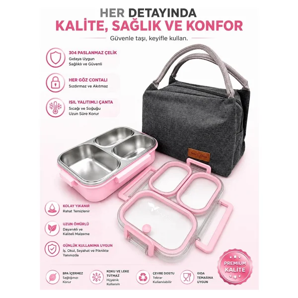 Valkyrie 304 Paslanmaz Çelik 3 Bölmeli Pembe Lunch Box Termal Çantalı - Sızdırmaz Kapaklı Beslenme Kabı, - Görsel 3